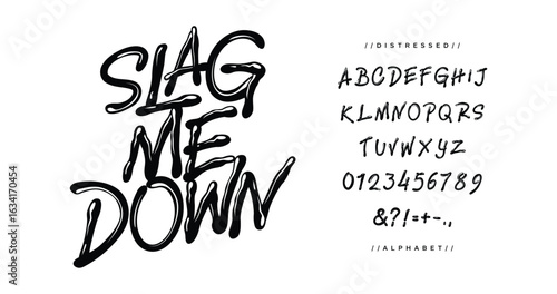 Slag Me Down: Unique display font with a melted, liquid like aesthetic. Great for experimental posters, movie titles, and creative events. Comes with punctuation and numerals. Composed alphabet