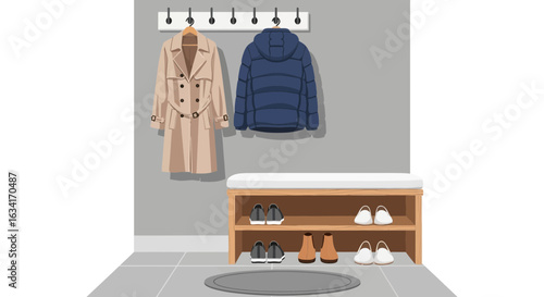 Cozy Foyer With Stylish Storage Rack And Fashionable Outerwear