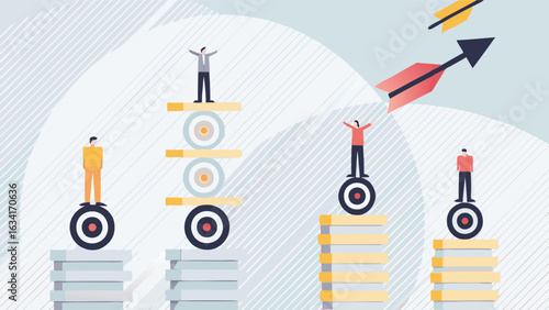 People standing on targets with arrows flying in the sky representing success and achievement concept