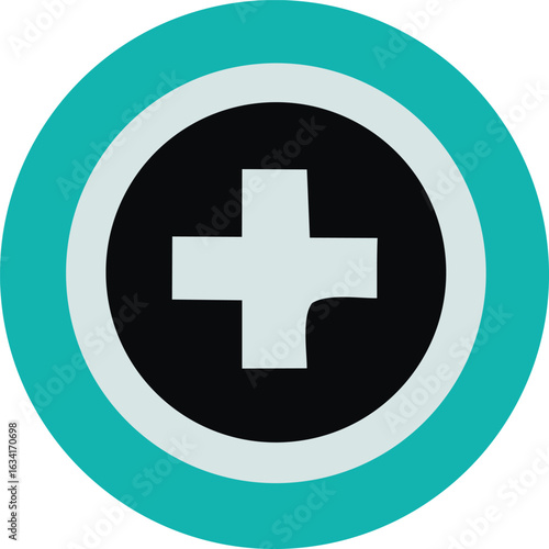 Modern teal and white circular target icon featuring a bold white plus symbol centered within a black circle