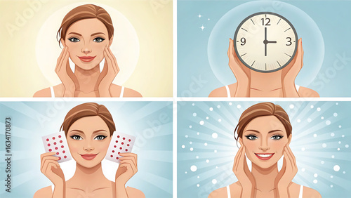 Skincare routine steps illustration showing a woman caring for her skin with different stages and beauty products for radiant complexion and healthy skin