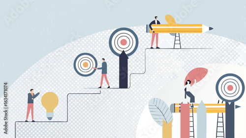 People climbing steps towards targets with pencil and lightbulb illustrations on a white background