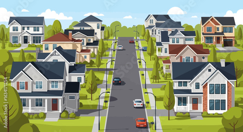 Residential Neighborhood With Homes Cars And Trees In Flat Style