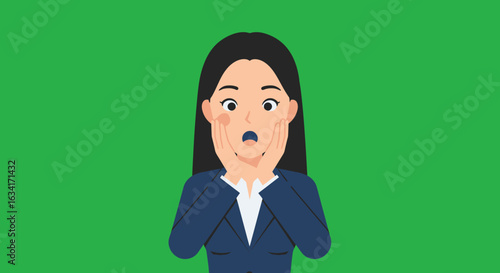 Woman with hands on cheeks and surprised expression