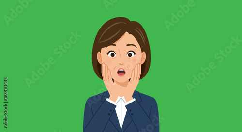 Woman with hands on cheeks expressing shock on a green background