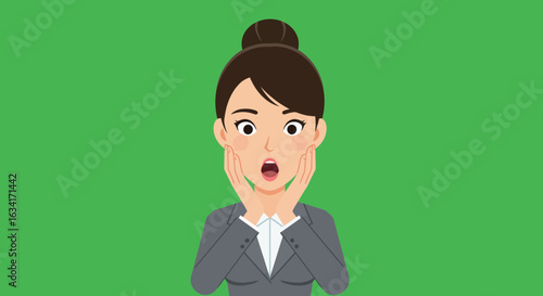 Woman with hands on cheeks shocked expression green background
