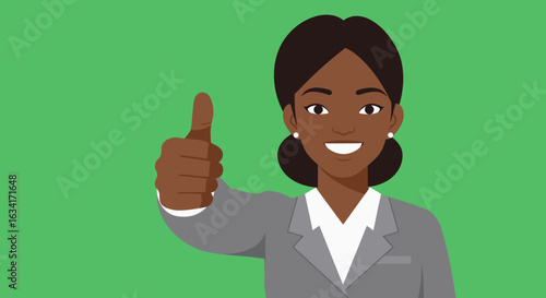 A businesswoman gives a thumbs up against a green background