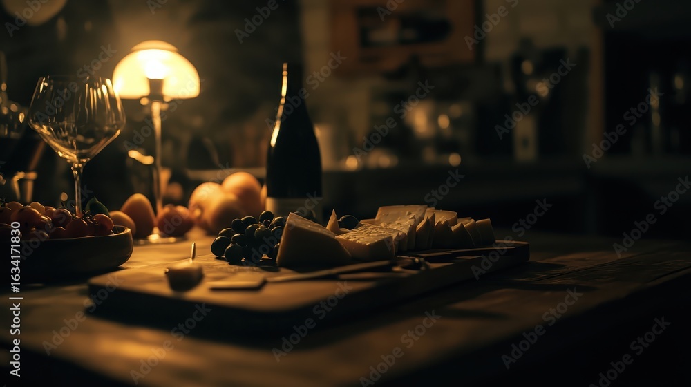 Obraz premium Cozy Evening Gourmet Cheese Selection with Wine and Fruit Display