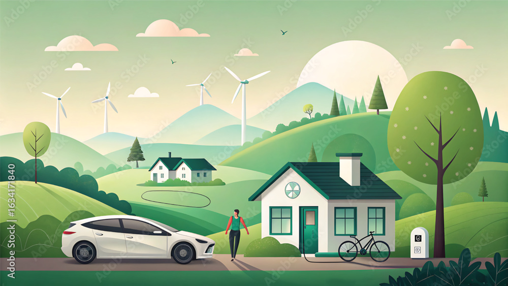 Naklejka premium Sustainable Living Environment with Electric Vehicle Charging Renewable Energy Sources and Peaceful Suburban Scenery
