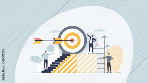 Teamwork and target achievement illustration with people climbing towards a goal with arrow hitting bullseye