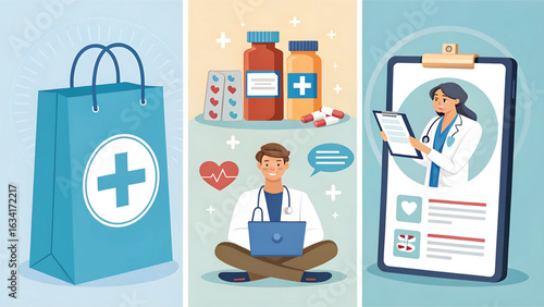 Telemedicine and Online Healthcare Concept with Doctor Consultation and Medical Delivery Promoting Digital Health Services for Patients