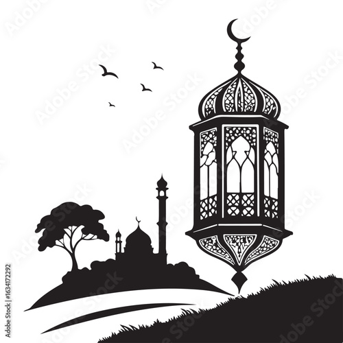 Islamic Silhouette Art with Mosque, Lantern, and Aladdin Lamp

