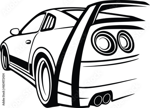 Sleek sports car rear view with spoiler and dual exhaust automotive vehicle