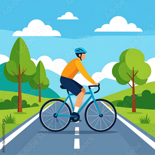 A cyclist rides a blue bicycle on a road through a green landscape under a blue sky with white clouds.