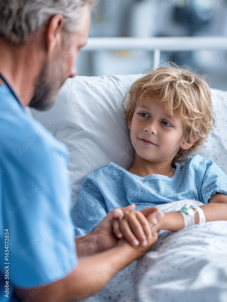 Obraz premium a doctor holding a young patient's hand in a hospital bed