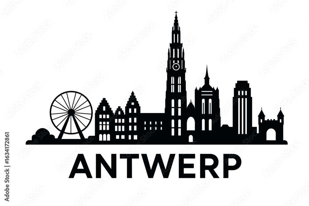 Naklejka premium Antwerp city skyline with iconic buildings and landmarks