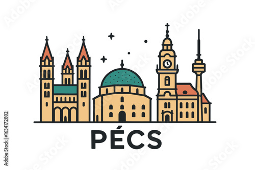 Pécs city skyline with iconic buildings and landmarks