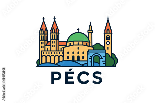 Pécs city skyline with iconic buildings and landmarks