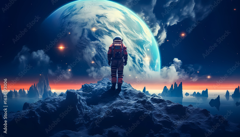 Fototapeta premium Astronaut exploring alien planet with stunning space background, glowing stars, distant planets, and galactic scenery. Sci-fi adventure and futuristic space exploration concept. Space Wallpaper