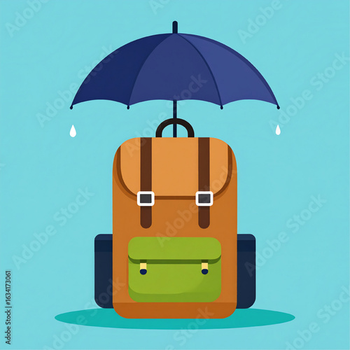 A backpack is protected from the rain by a dark blue umbrella in a cartoon illustration.