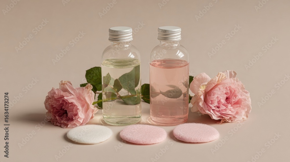 Elegant Display of Skincare Products With Roses and Cotton Pads in a Soft, Minimalistic Setting Highlighting Beauty and Pampering Elegant Display of Skincare Products With Roses and Cotton Pads in a Soft, Minimalistic Setting Highlighting Beauty and Pampering
