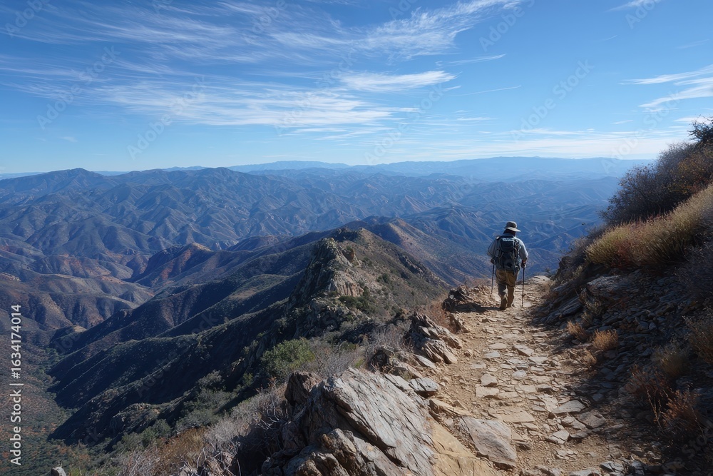 Fototapeta premium A hiker walks a mountain trail with vast valley views under bright skies. Showcase outdoor adventure, travel, and scenic landscape concepts easily.