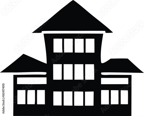 Stylized silhouette of a traditional multi story building with distinctive tiered rooflines and numerous rectangular windows