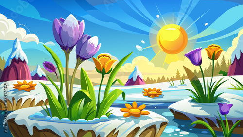 very Beautiful, Spring flowers and grass growing from the melting sun, blue sky and sunshine in the background. Concept of spring coming and winter leaving.
