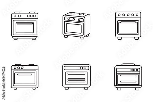 Collection of Oven Icons for Modern Kitchen Appliances and Cooking Needs Minimalist Line Art Designs Representing Various Oven Types and Styles