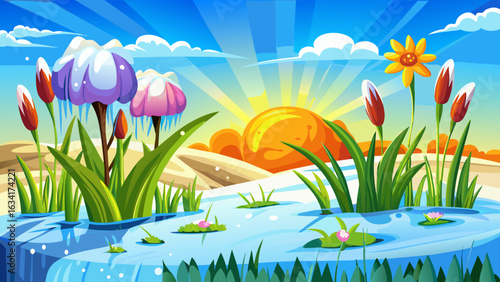 very Beautiful, Spring flowers and grass growing from the melting sun, blue sky and sunshine in the background. Concept of spring coming and winter leaving.
