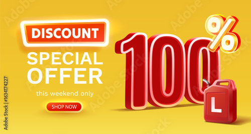 Discount on a canister of gasoline liters, 100 percent discount on liters. Vector illustration