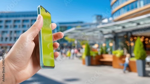Wallpaper Mural Smartphone held in hand outdoors with blank screen showing cashless generation mobile technology in urban blurred background space Torontodigital.ca