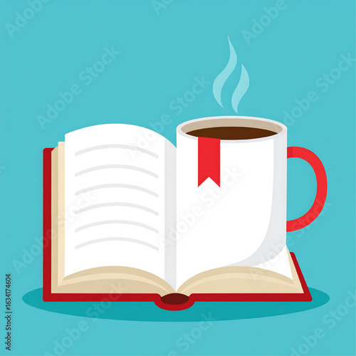 A steaming mug of coffee rests atop an open book, suggesting a cozy reading experience.