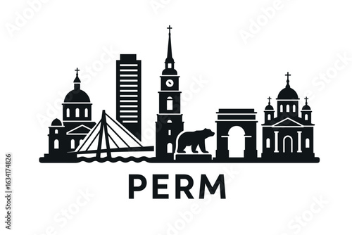 City skyline with iconic buildings and landmarks, Perm