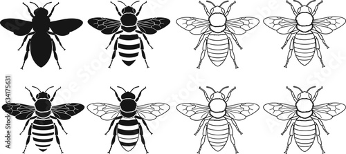 Bee Silhouette Set, Stylized Insect Icons, Solid and Outline Variations, Wing Pattern Designs, Nature Vector Illustration, Black Graphics
