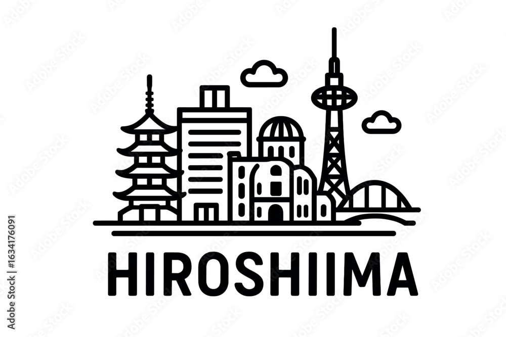 Naklejka premium City skyline with iconic buildings and landmarks, Hiroshima