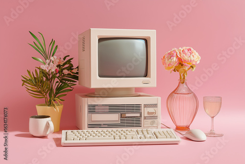 pink rose and computer retro