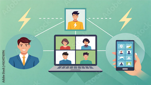 Virtual meeting connecting people globally through laptop smartphone and digital platforms online collaboration communication and modern remote work technology