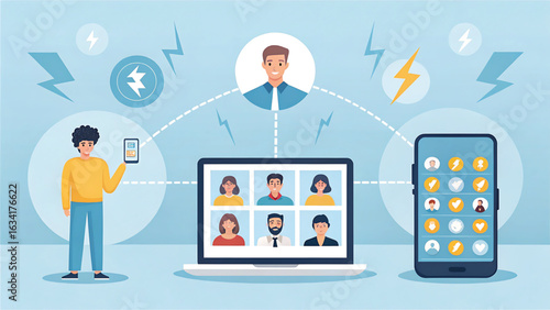 Virtual Meeting Connection via Laptop Smartphone and Cloud Network Illustrating Remote Communication and Collaboration with Lightning Bolts