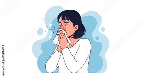 A young woman with a red nose is depicted in a flat vector illustration, sneezing into a white tissue against a light blue background.