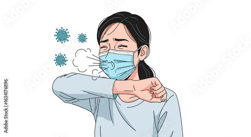 An illustration depicts a woman coughing into her elbow while wearing a surgical mask, surrounded by stylized virus particles, emphasizing health and disease.