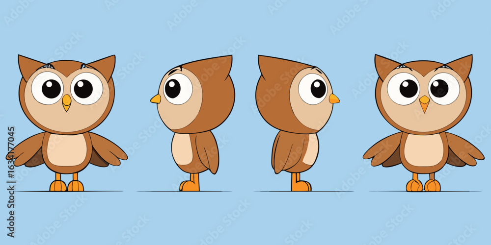 Fototapeta premium Cartoon owl character design sheet with front side and profile views on a light blue background vector art