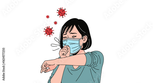 A woman wearing a face mask coughs into her elbow, surrounded by airborne virus particles, illustrating illness and protection.