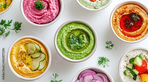 Wallpaper Mural Colorful Assortment of Various Hummus Bowls with Fresh Ingredients Torontodigital.ca