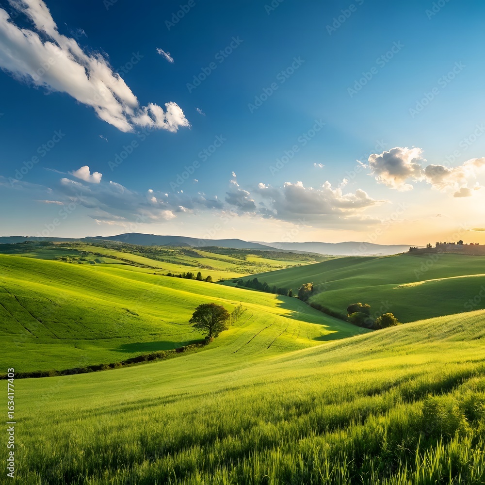 Obraz premium Rolling green hills under a blue sky with wispy clouds at sunset