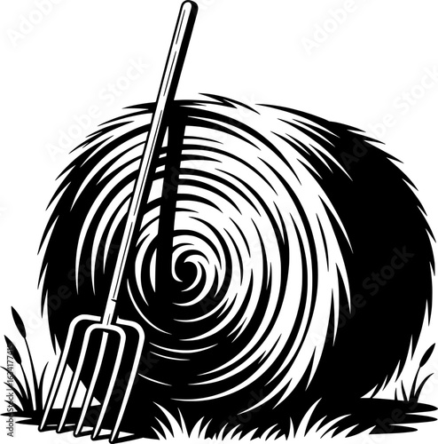 Hay Bale with Pitchfork Silhouette