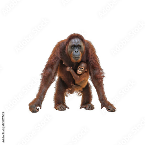 Mother orangutan walking and carrying her cute child generative AI