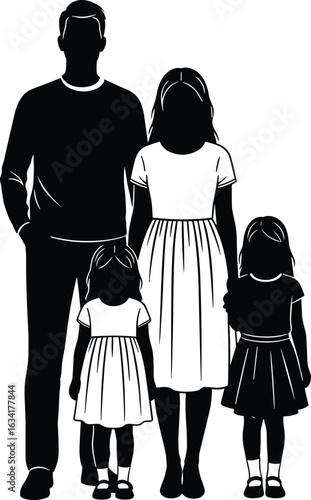 Family Silhouette Icon, Parents and Children, Standing Together, Black Vector Design, Unity Concept, Generational Bond, Minimalist Art, Emotional Scene