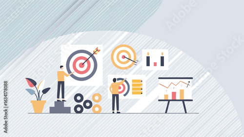 Illustration of business strategy with targets charts and people in a presentation setting
