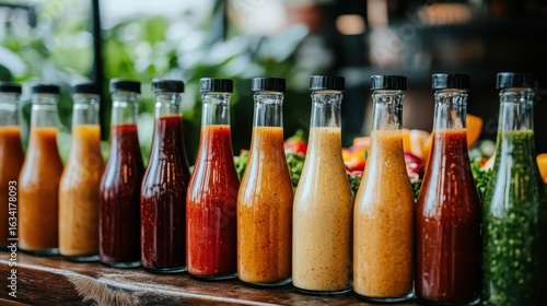 Colorful Bottles of Sauces and Dressings on Wooden Table Display